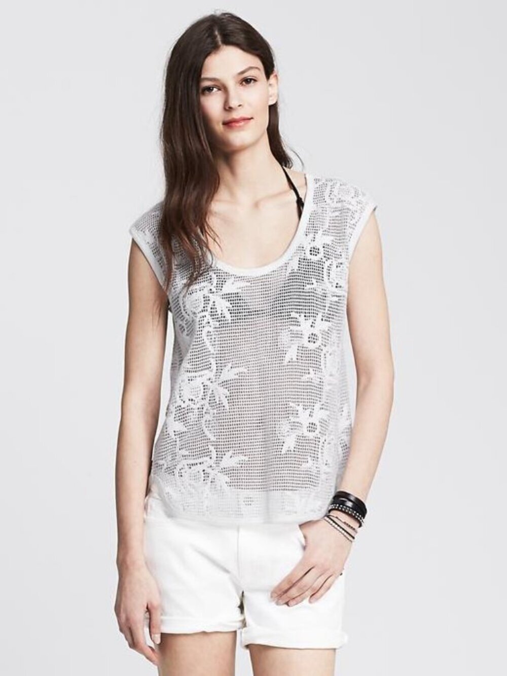 2/$30 Banana Republic Floral Net Lace Top White XL #A2477